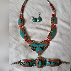 Genuine Composite Turquoise and Coral Tibetan Silver Necklace Bracelet Earrings